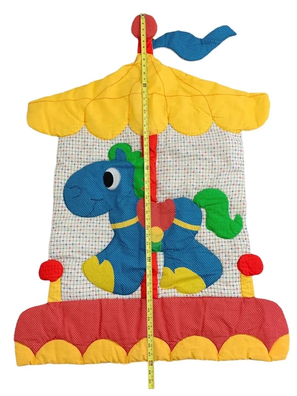 VTG Quilted Nursery Wall Hanging Carousel Horse Primary Colors Baby Decor 48x33